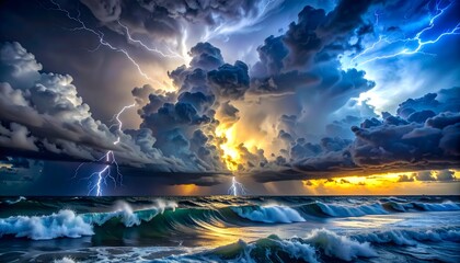 Stormy ocean waves under dark lightning clouds with dramatic sunlight for nature power and danger concept