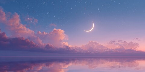 Beautiful pastel sunset seascape with fluffy pink clouds and celestial moon reflection.