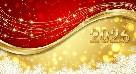 Roter und goldener Festhintergrund mit Lichtwellen Glitzer und Schneeflocken sowie goldener Jahreszahl 2026 f&uuml;r Neujahrskarten Generative KI