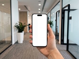 Smartphone Mockup with Blank Screen Hold in Hand in Office Corridor