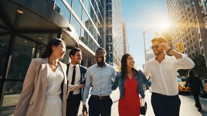 Diverse group of business professionals celebrating success outside modern office building.