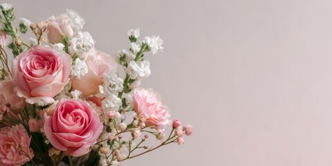 Fresh spring flowers bouquet with delicate pink roses and green leaves.
