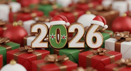 Geschenke und rote Kugeln als Hintergrund mit festlicher 2026 Zahl in Gr&uuml;n und Gold f&uuml;r Weihnachten und Neujahr Generative KI