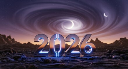 Leuchtende 2026 steht in surrealer Felsenlandschaft unter wirbelndem Nachthimmel mit Mond als futuristisches Neujahrsmotiv Generative KI