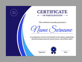 Decorative certificate with blue and white layout, formal design for sports competitions and athletic involvement