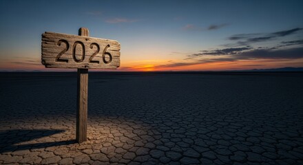 Holzschild mit 2026 in ausgetrockneter rissiger Ebene bei Sonnenuntergang als Symbol f&uuml;r Zukunft und Klimakrise Generative KI