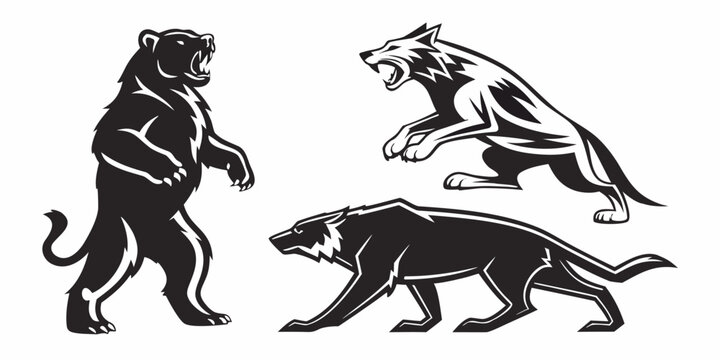 Collection of fierce black and white stylized bear and wild cat mascot vector graphics for sports teams
