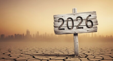Holzschild mit Aufschrift 2026 steht in rissiger D&uuml;rrelandschaft vor nebliger Stadtsilhouette bei Sonnenaufgang Generative KI