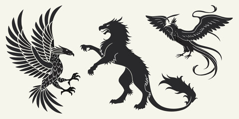 Obraz premium Collection of heraldic mythical creature silhouettes including a griffin, phoenix, and stylized lion