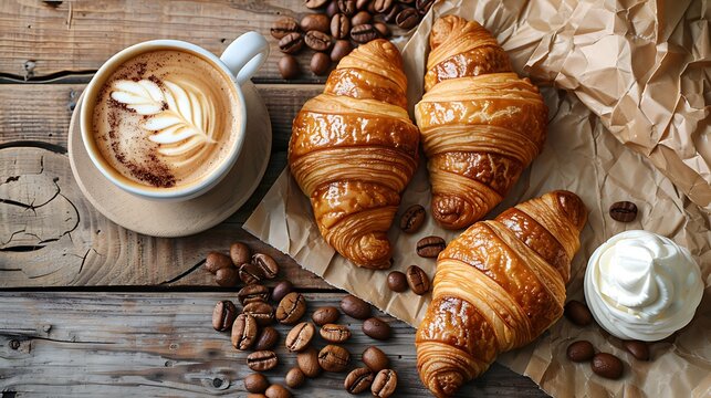 Fresh bakery flat lay croissants coffee rustic wooden table