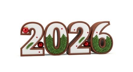 Gr&uuml;ne Tannengirlande bildet 2026 mit roten Kugeln als festliche Neujahrsdekoration auf wei&szlig;em Hintergrund Generative KI