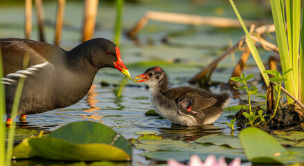 Common moorhen and duck in the pond