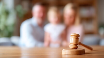 Family law concept with gavel on table and blurred family in background, symbolizing court decisions in family disputes and legal proceedings
