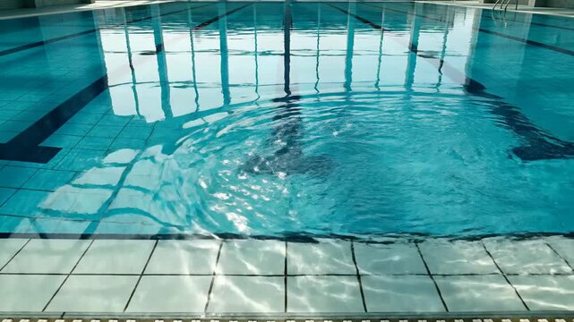 Calm indoor swimming pool tiles reflect sunlight.