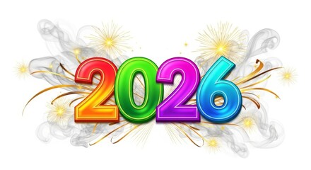 Bunte 3d Jahreszahl 2026 in Regenbogenfarben mit Feuerwerk und Farbspritzern auf wei&szlig;em Hintergrund f&uuml;r Neujahrsmotive Generative KI
