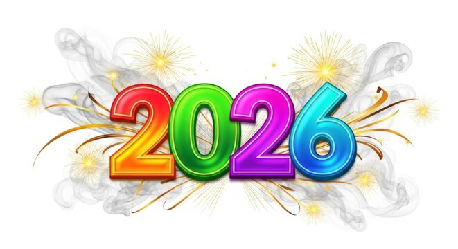 Bunte 3d Jahreszahl 2026 in Regenbogenfarben mit Feuerwerk und Farbspritzern auf wei&szlig;em Hintergrund f&uuml;r Neujahrsmotive Generative KI