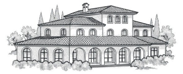 A vintage Italian villa illustration in detailed outline vector style, perfect for architecture and design projects