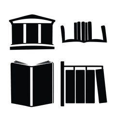 Educational symbols: library, books, and academic building