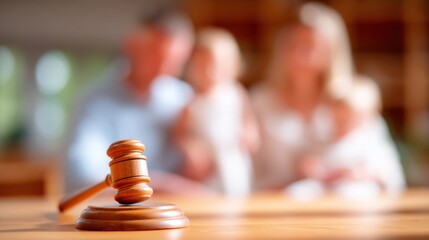 A wooden gavel on a desk with a blurred background of a family in a courtroom setting with a judge or lawyer