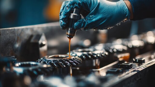 Closeup of a hand spraying lubricant onto metal parts to reduce friction and ensure smooth operation in industrial machinery maintenance