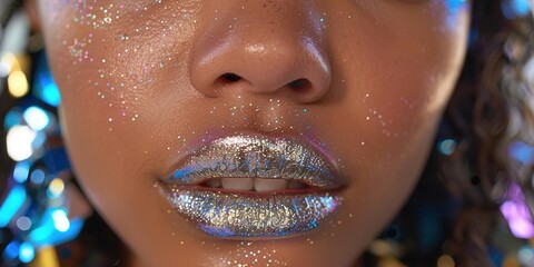 Close-up of woman's face with glittery makeup and lips