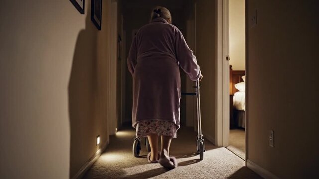Elderly person with walker in hallway at night.