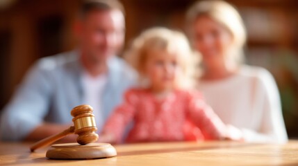 Family sitting at a table with a gavel in the foreground, representing a court or legal setting for family law or child custody case