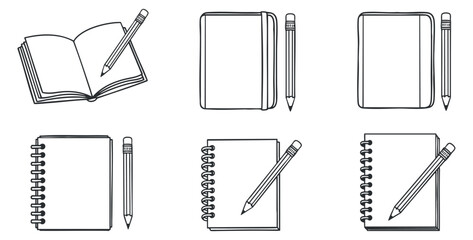 A collection of various notebook and pencil illustrations in black and white outline vector style, ideal for educational materials and stationery design