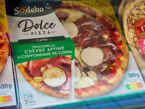 Sodebo french product, Dolce Pizza Capri Mozzarella, Chevre Affine and Chiffonnade de Coppa