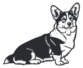 A stylized illustration of a corgi dog in black and white vector style, perfect for pet-themed designs