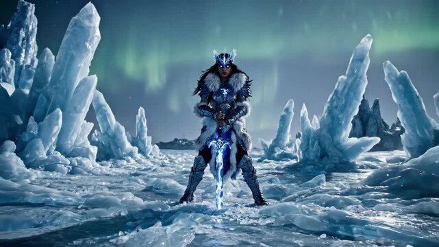 frosty warrior clash, ice warrior with fierce armor, battlehardened fighter strikes icy surface aggressively, warrior in heavy armor thrusts blade into icy terrain amidst shimmering lights.