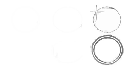 A minimalist composition of white circles and rings on a black background