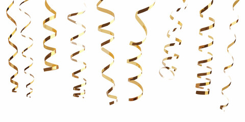 Golden streamers and ribbons cascading down on a pure white background © Rathin