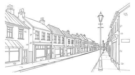 A linear outline illustration of a quaint town street with shops and houses in minimalist vector style, suitable for urban design projects