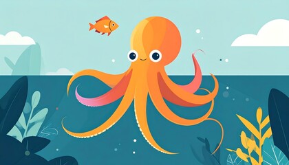 Cheerful cartoon illustration featuring a friendly orange octopus and a small orange fish in a serene underwater scene