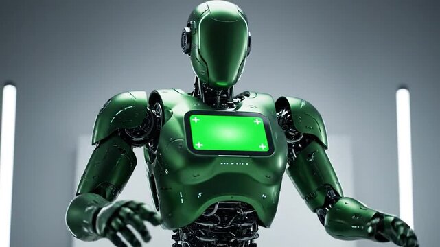 Sleek metallic green humanoid robot with a green screen display on its chest
