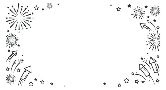 A decorative border featuring fireworks and stars in black and white outline vector style, perfect for celebration invitations and festive designs