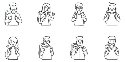 Fototapeta premium A set of diverse students with backpacks in minimalist line art vector style, ideal for educational graphics and branding