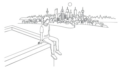 Obraz premium A minimalist outline illustration of a person sitting on a ledge overlooking a city skyline in vector style, perfect for urban lifestyle themes