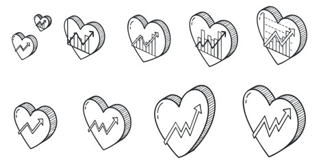 A collection of heart icons with growth charts and analytics in outline vector style, suitable for health and wellness branding