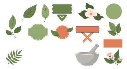 Collection of natural herbal and organic design elements featuring leaves flowers blank labels and a mortar and pestle.