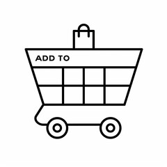 Simple line art illustration of a shopping cart with the text 'ADD TO' on the front, symbolizing online shopping and commerce.