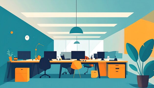 Colorful cartoon style office interior; workstations & computers, teal, tan, orange, plant