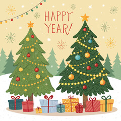 New-year-card--Christmas-trees-and-gift