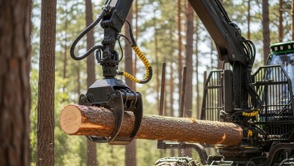 forestry harvester machine operating in a pine forest, hydraulic grapple firmly holding a cut tree trunk
