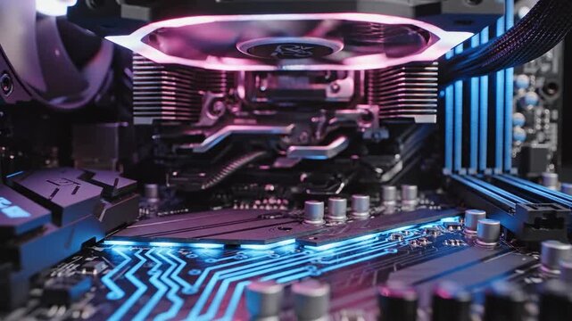 Colorful RGB Gaming PC Interior Showcasing Neon Circuitry Lights.