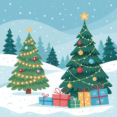 New-year-card--Christmas-trees-and-gift