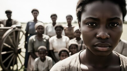 Young African girl with determined look and community in background