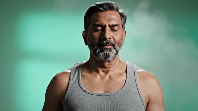 Mature Man Applying Deodorant Spray for Freshness and Confidence.