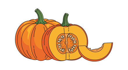 Detailed illustration of a whole pumpkin a halved pumpkin and a separate slice revealing the seeds inside.